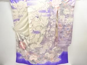 アンティーク　御簾に牡丹・草花模様振袖（重ね衿・比翼付き）